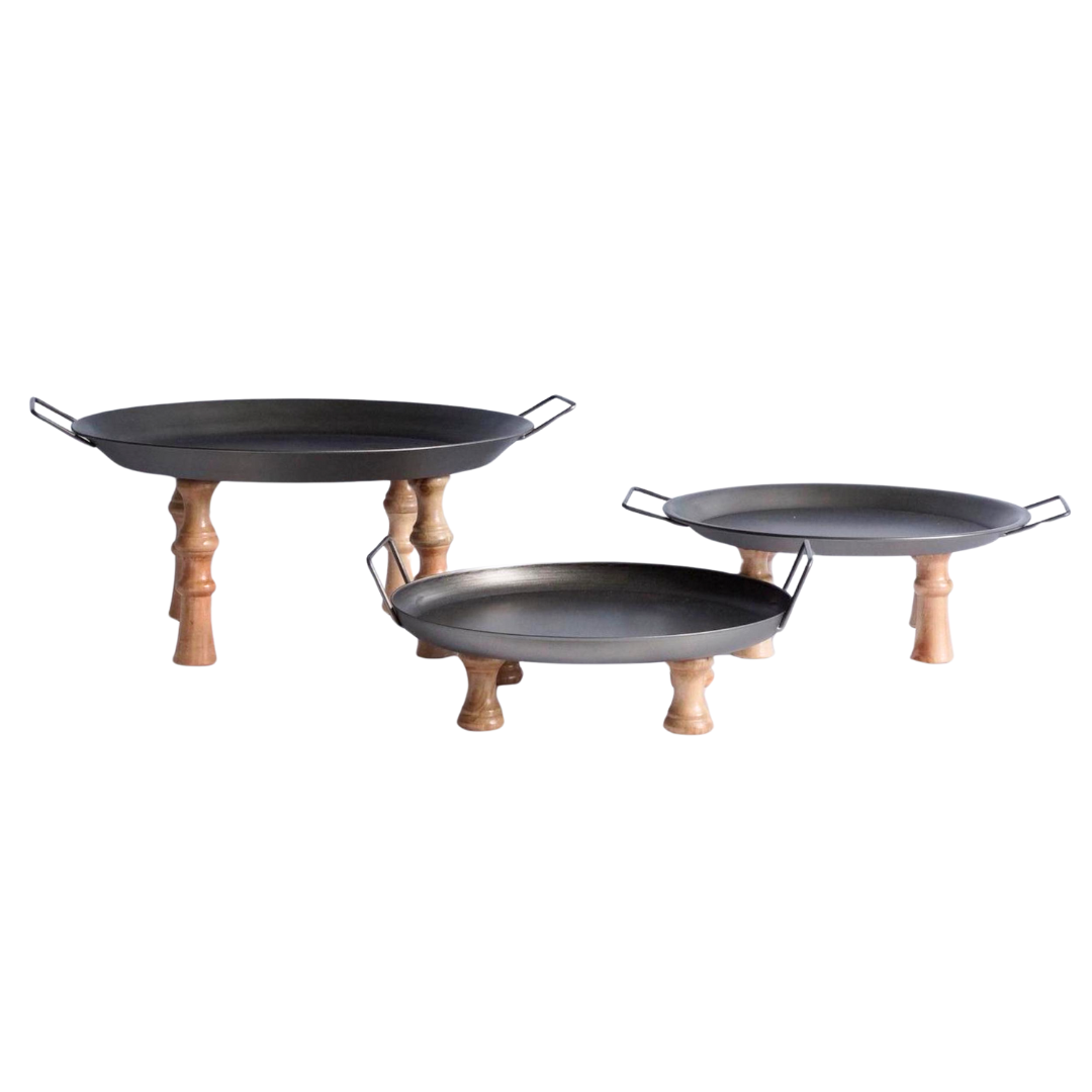 Set of Three Black And Brown Manufactured Wood And Metal Round Riser Tray With Handles-1