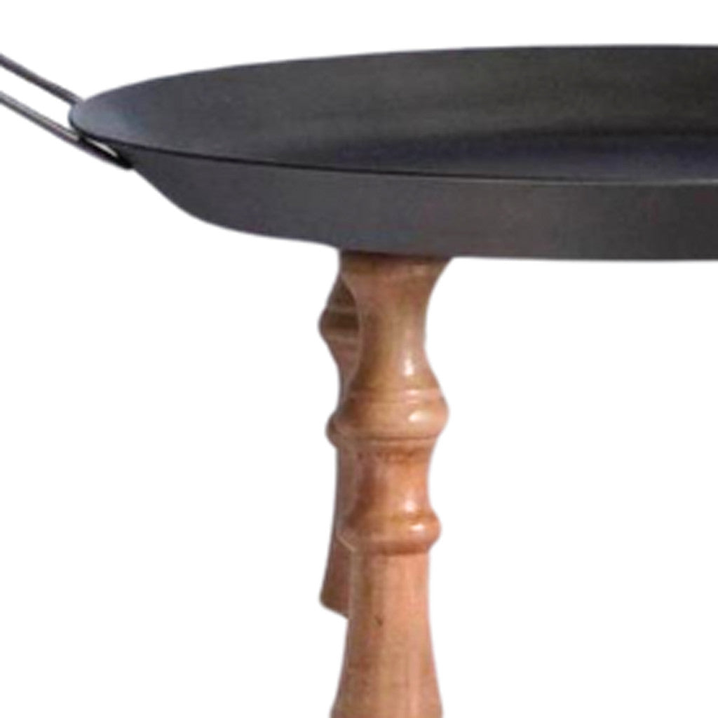 Set of Three Black And Brown Manufactured Wood And Metal Round Riser Tray With Handles-2