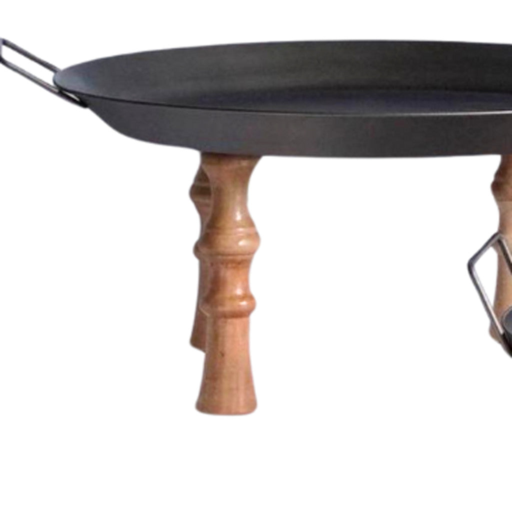 Set of Three Black And Brown Manufactured Wood And Metal Round Riser Tray With Handles-3