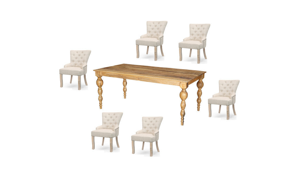Seven Piece Brown Solid Wood Dining Set with Six Chairs-Dining Sets-DECOROLALA