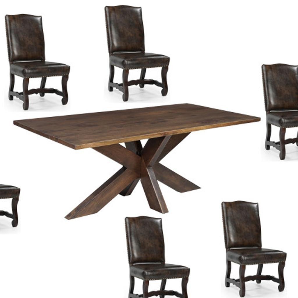 Seven Piece Brown Solid Wood Dining Set with Six Chairs-Dining Sets-DECOROLALA