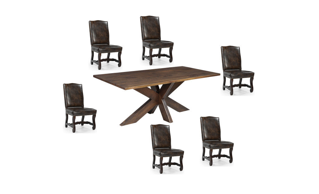 Seven Piece Brown Solid Wood Dining Set with Six Chairs-Dining Sets-DECOROLALA