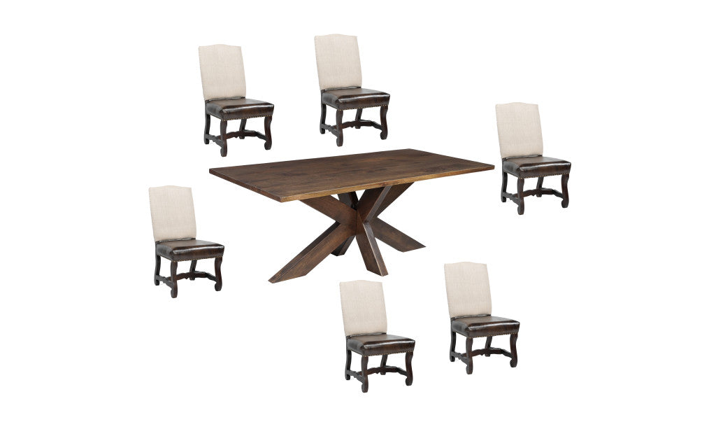Seven Piece Brown Solid Wood Dining Set with Six Chairs-Dining Sets-DECOROLALA