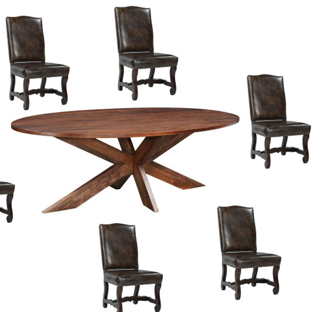 Seven Piece Brown Solid Wood Dining Set with Six Chairs-Dining Sets-DECOROLALA