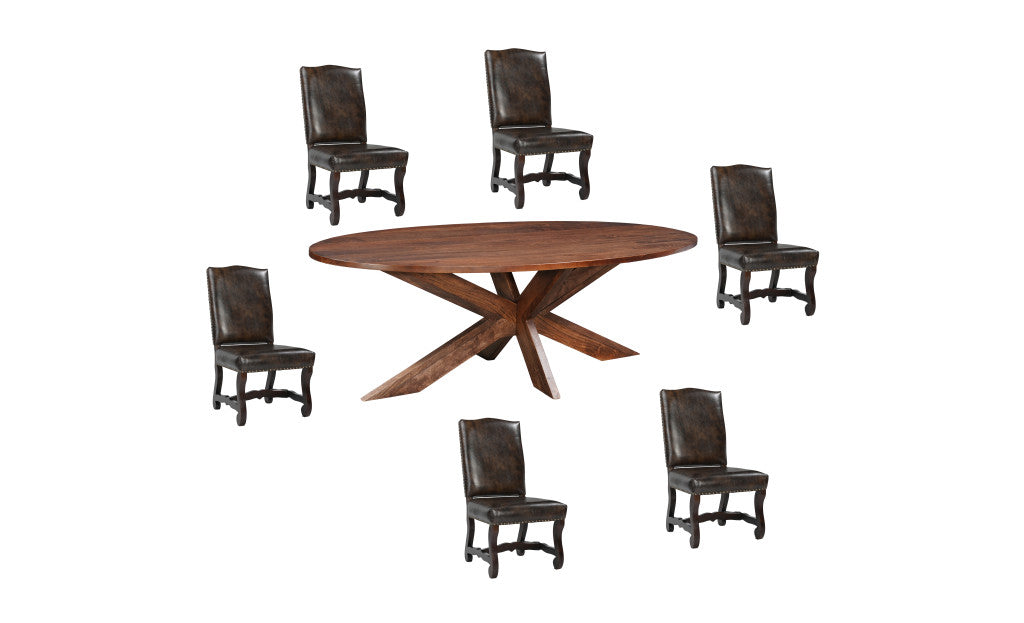 Seven Piece Brown Solid Wood Dining Set with Six Chairs-Dining Sets-DECOROLALA