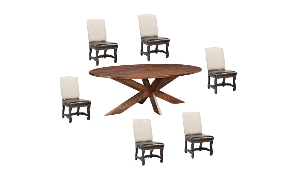 Seven Piece Brown Solid Wood Dining Set with Six Chairs-Dining Sets-DECOROLALA