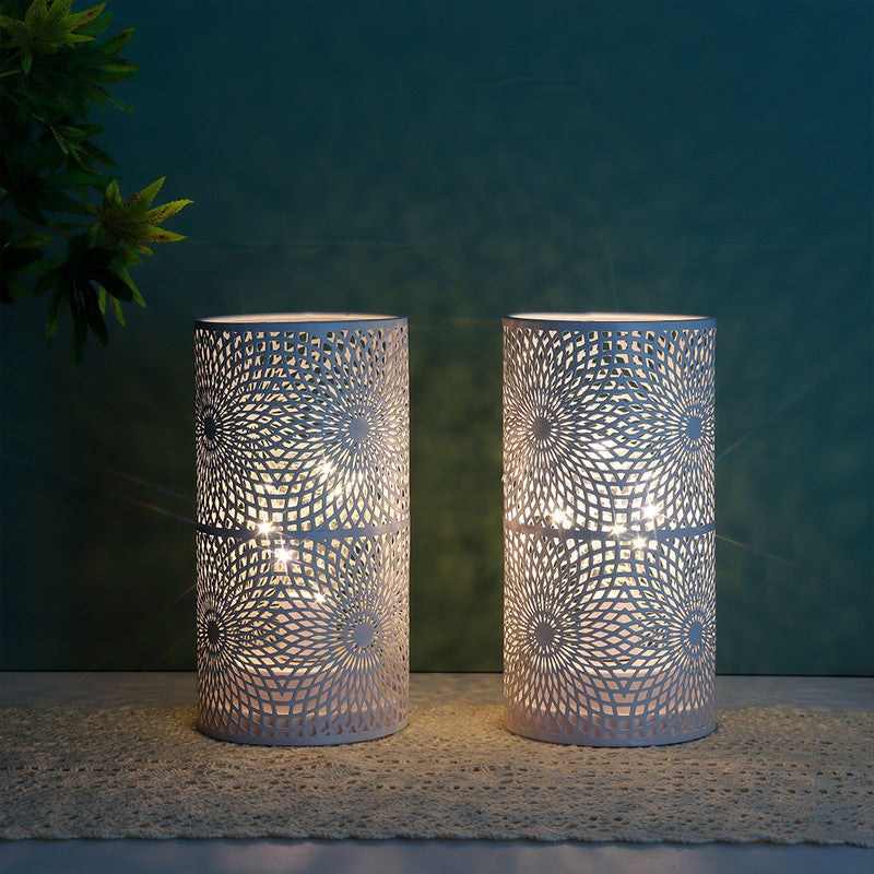 Set of Two 8" White Metal Pattern Bedside Lamp With Black Cylinder Shade-4