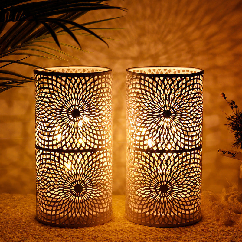 Set of Two 8" White Metal Pattern Bedside Lamp With Black Cylinder Shade-5