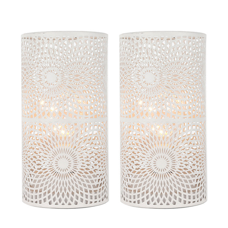 Set of Two 8" White Metal Pattern Bedside Lamp With Black Cylinder Shade-0