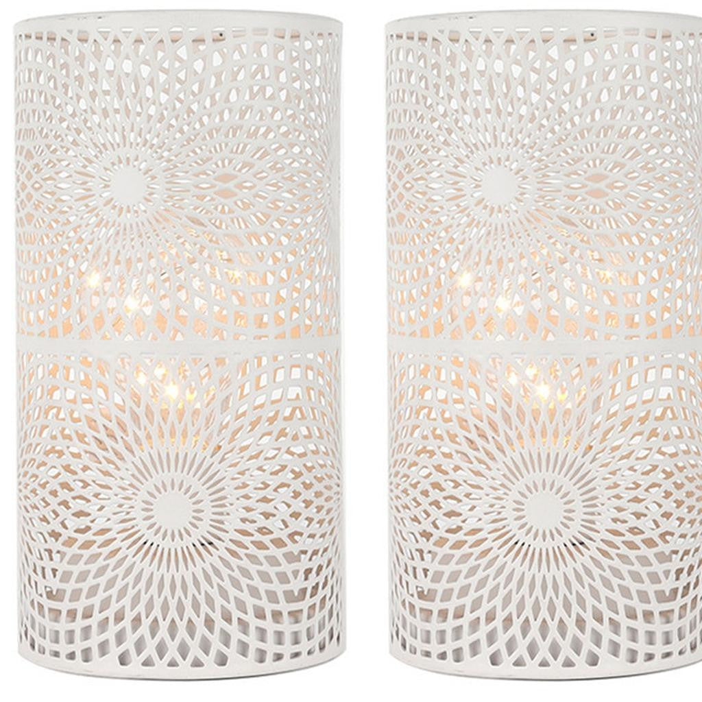 Set of Two 8" White Metal Pattern Bedside Lamp With Black Cylinder Shade-1
