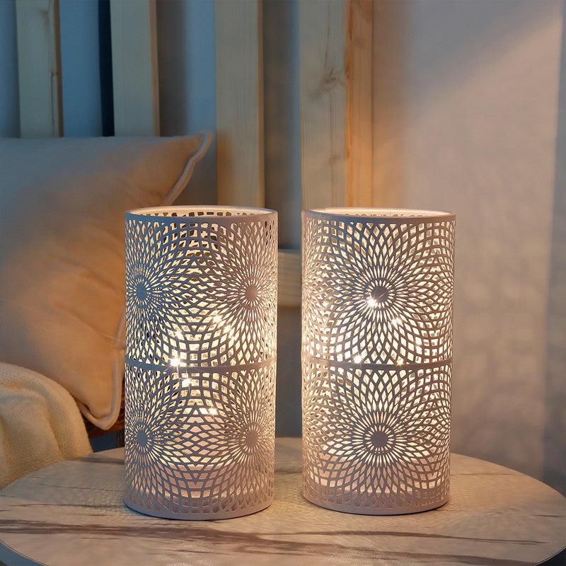 Set of Two 8" White Metal Pattern Bedside Lamp With Black Cylinder Shade-3