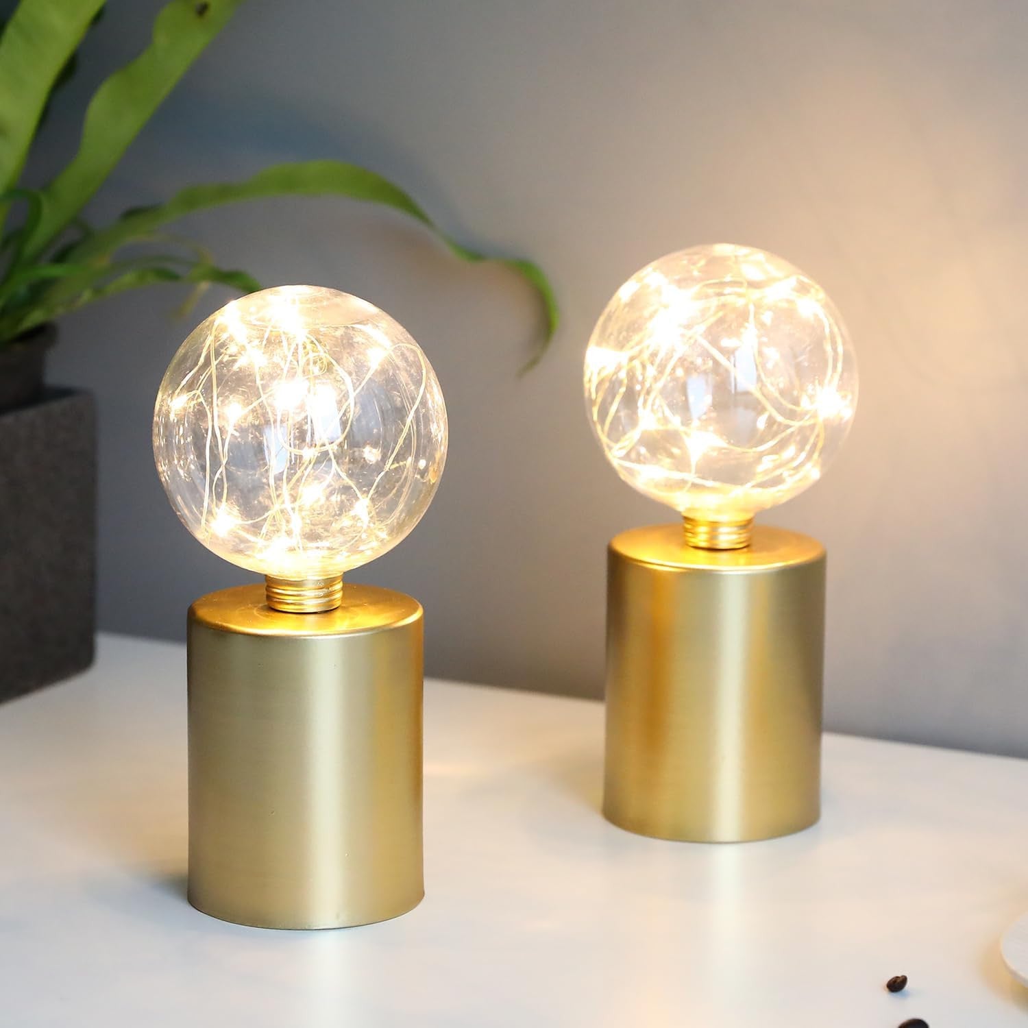 Set of Two 8" Gold Metal Round Bedside Lamp With Black Globe Shade-Table Lamps-DECOROLALA