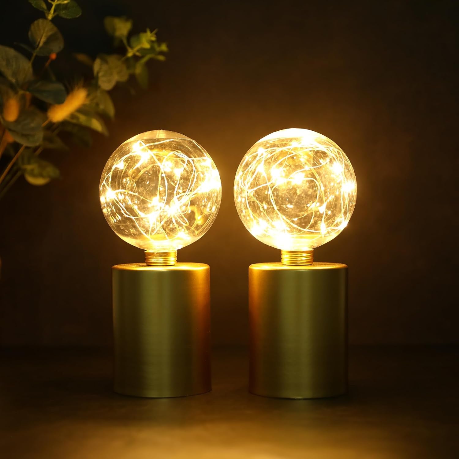 Set of Two 8" Gold Metal Round Bedside Lamp With Black Globe Shade-Table Lamps-DECOROLALA