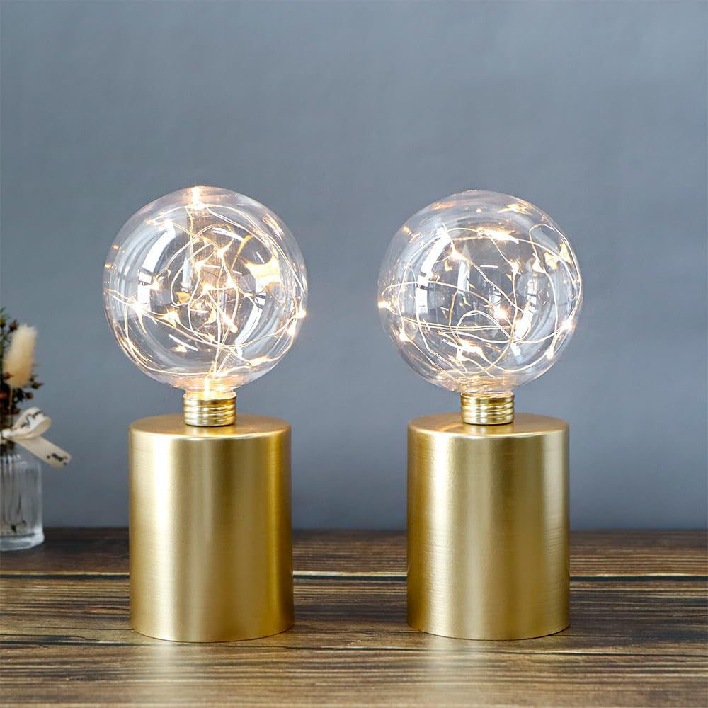 Set of Two 8" Gold Metal Round Bedside Lamp With Black Globe Shade-Table Lamps-DECOROLALA