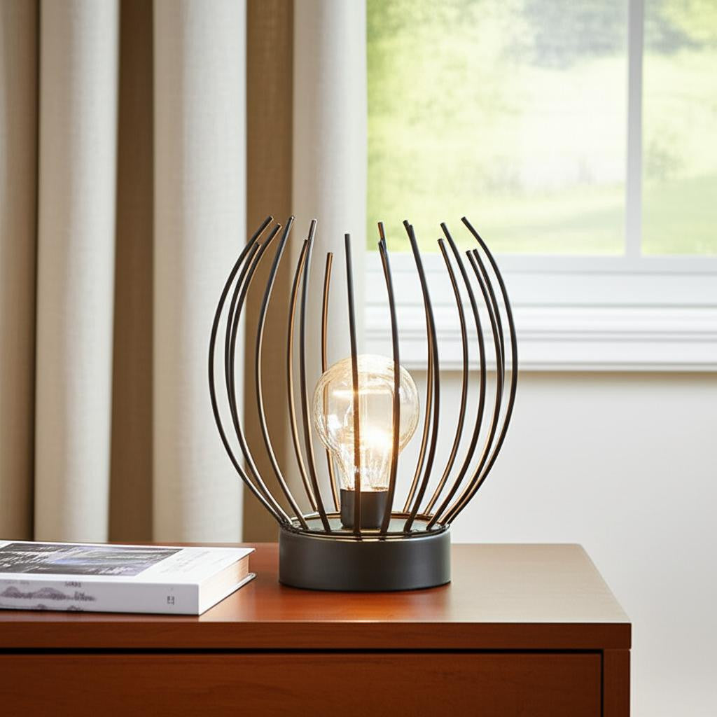 7" Black Metal Round Bedside Lamp With Black Globe Shade-1