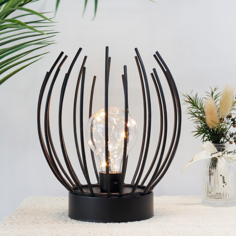 7" Black Metal Round Bedside Lamp With Black Globe Shade-5