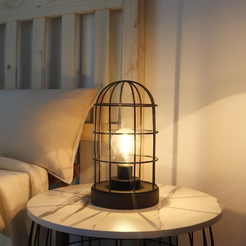Set of Two 10" Black Metal Round Bedside Lamp With Black Cylinder Shade-Table Lamps-DECOROLALA