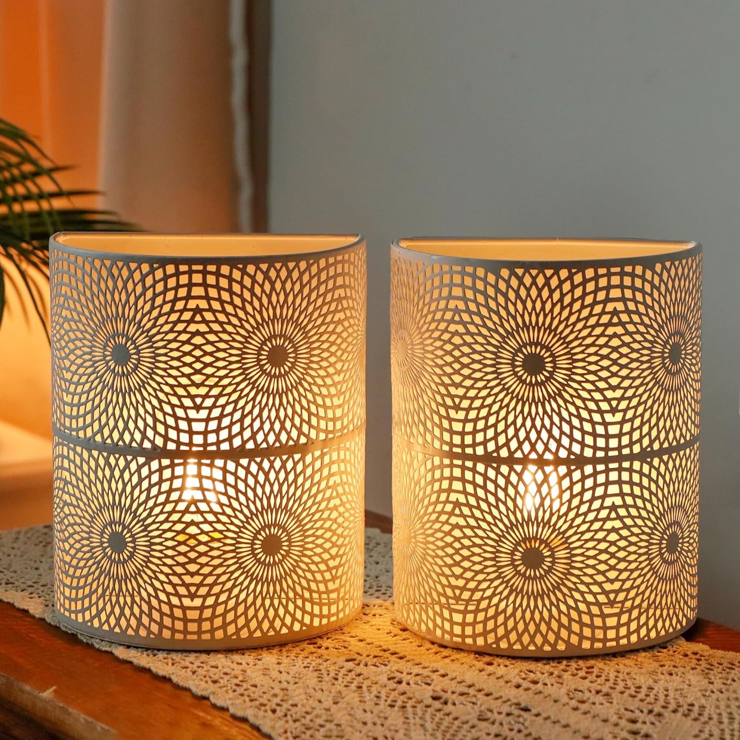 Set of Two 8" White Metal Round Bedside Lamp With Black Cylinder Shade-Table Lamps-DECOROLALA
