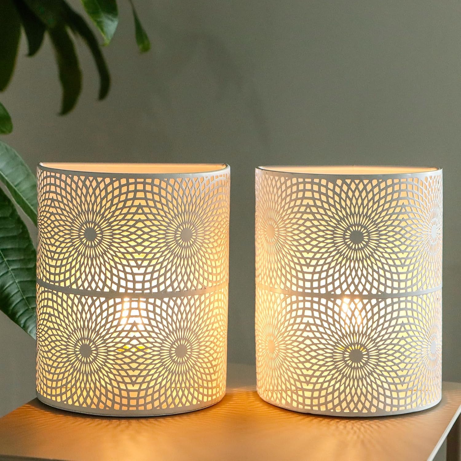 Set of Two 8" White Metal Round Bedside Lamp With Black Cylinder Shade-Table Lamps-DECOROLALA