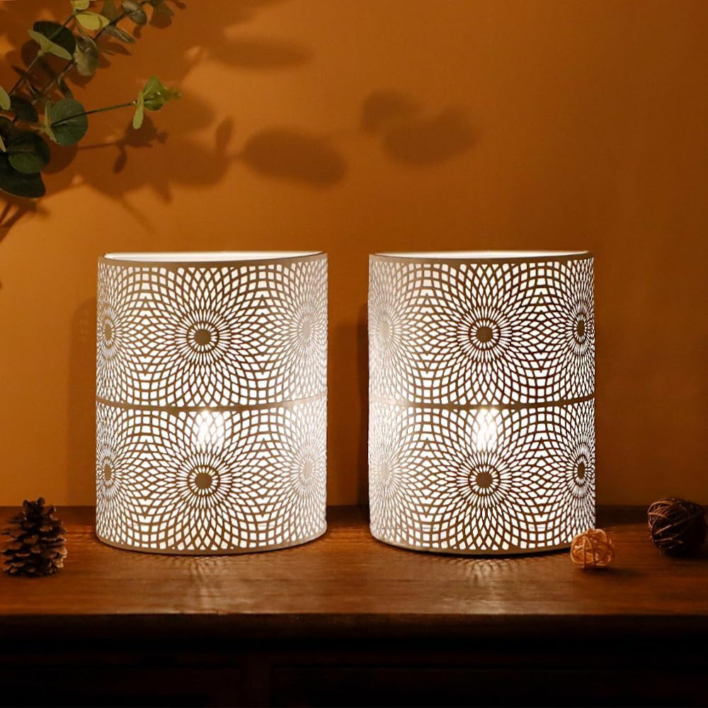 Set of Two 8" White Metal Round Bedside Lamp With Black Cylinder Shade-Table Lamps-DECOROLALA