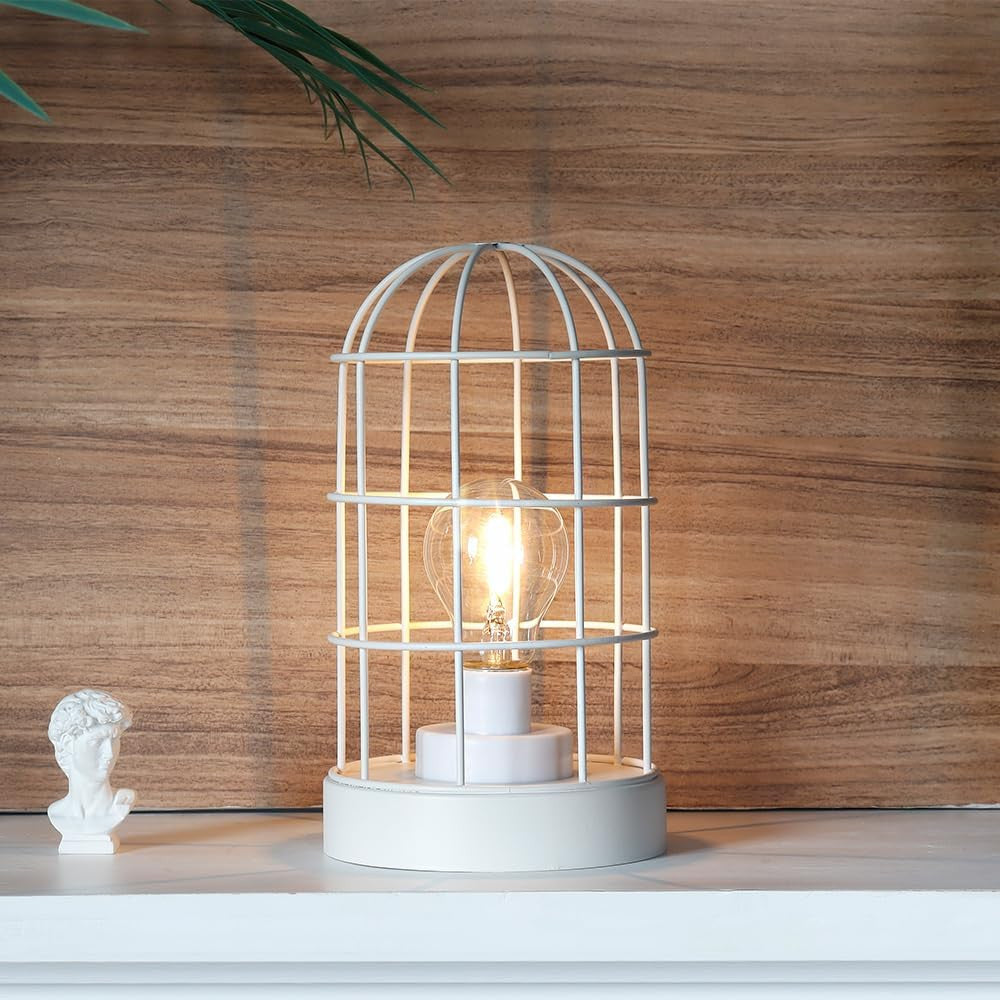 10" White Metal Round Bedside Lamp With Black Cylinder Shade-Table Lamps-DECOROLALA