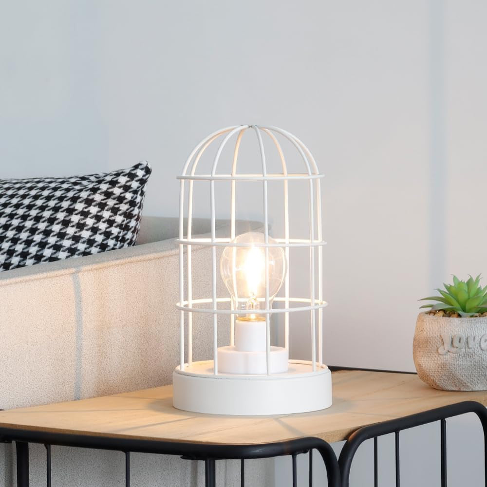10" White Metal Round Bedside Lamp With Black Cylinder Shade-Table Lamps-DECOROLALA