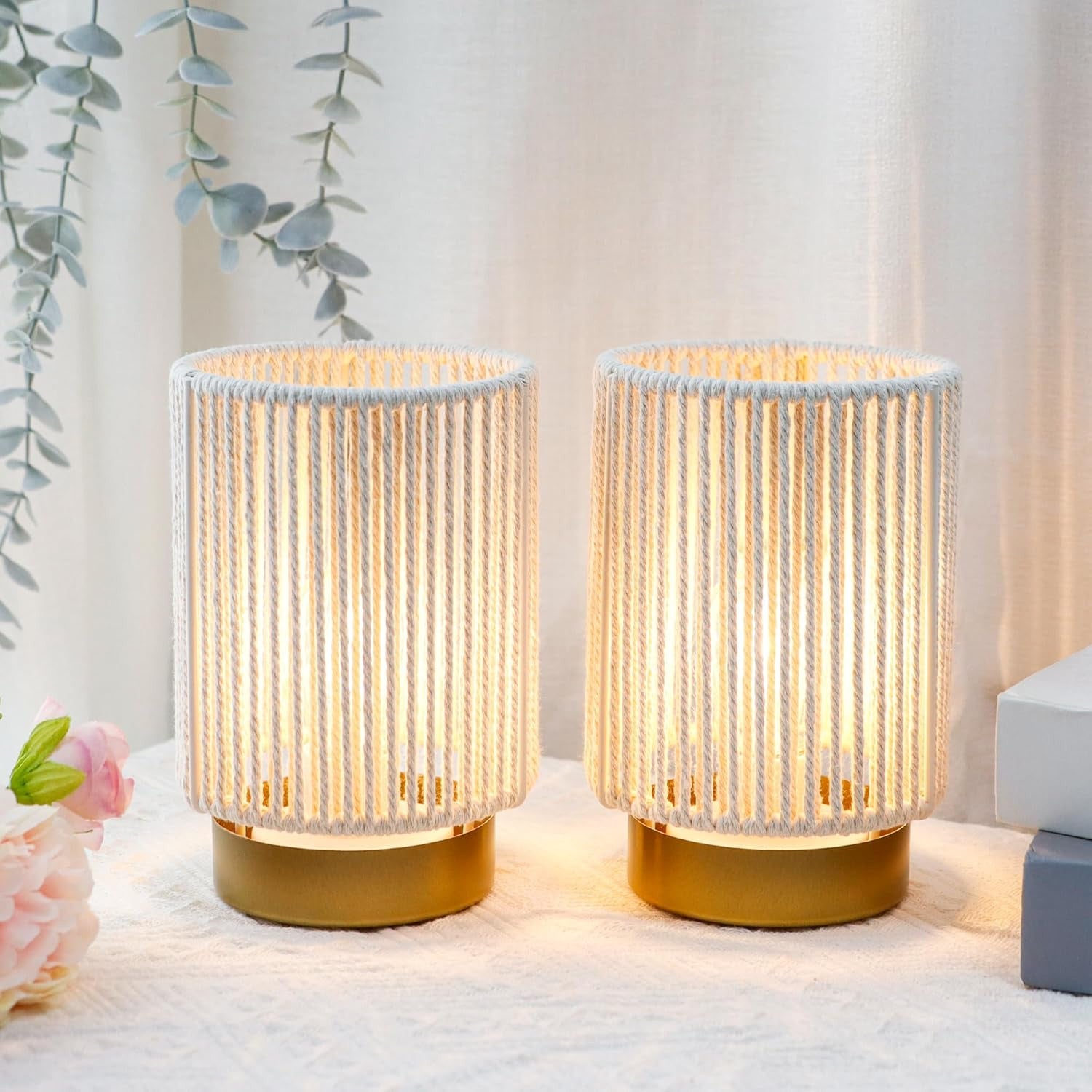Set of Two 5" Off White Metal Bedside Lamp With Black Cylinder Shade-Table Lamps-DECOROLALA