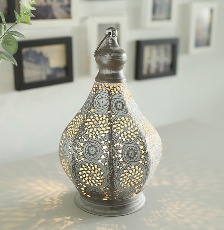 12" Gray Metal Novelty Bedside Lamp With Black Cone Shade-Table Lamps-DECOROLALA