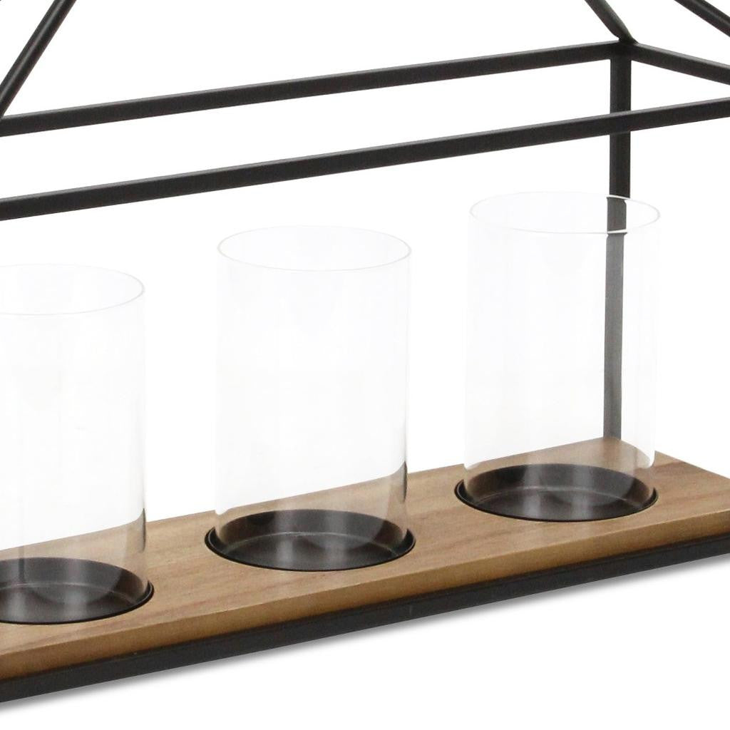 15" Black Metal Glass And Wood Geometric Three Light Hurricane Candle Holder-Candle Holders-DECOROLALA