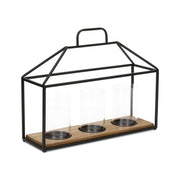 15" Black Metal Glass And Wood Geometric Three Light Hurricane Candle Holder-Candle Holders-DECOROLALA