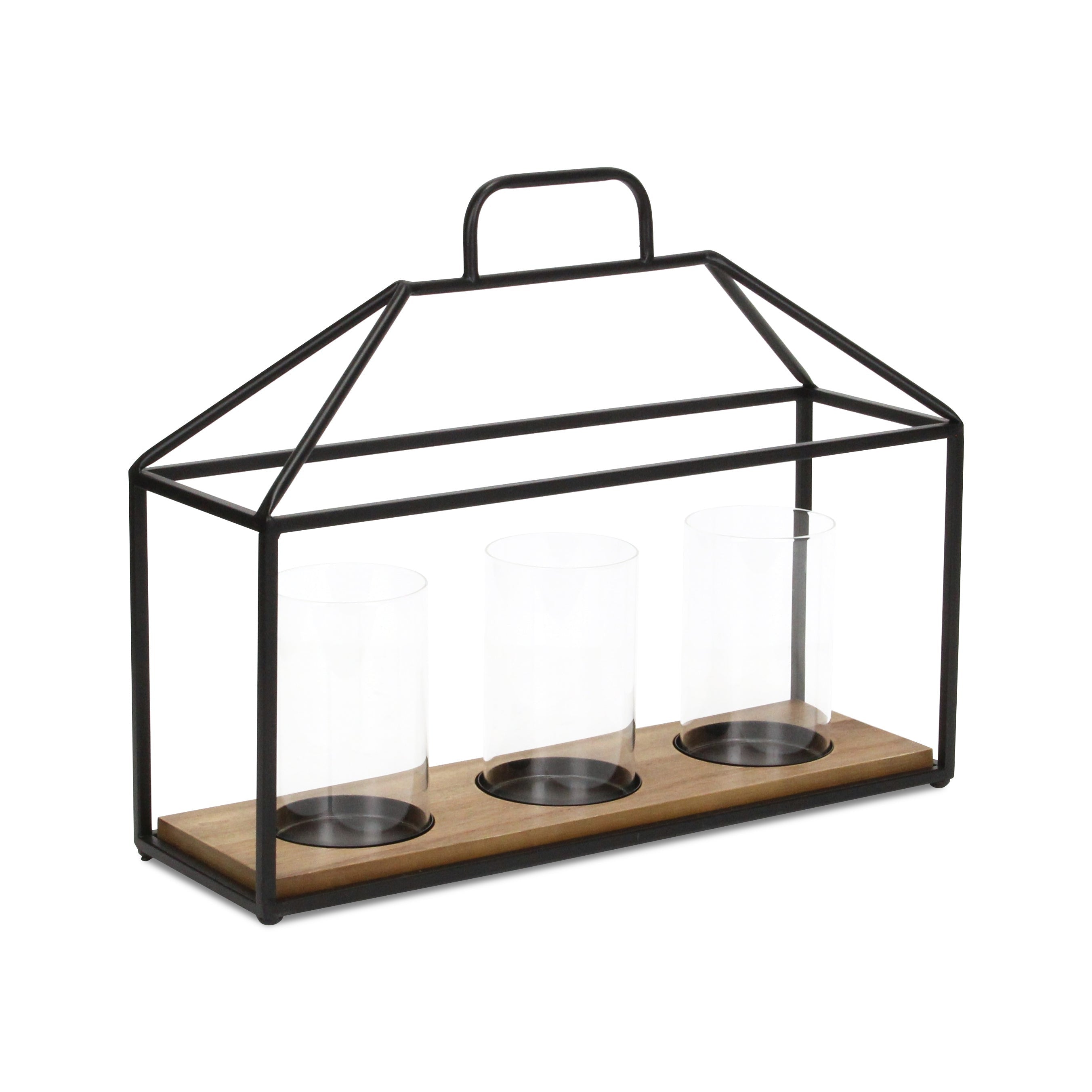 15" Black Metal Glass And Wood Geometric Three Light Hurricane Candle Holder-Candle Holders-DECOROLALA