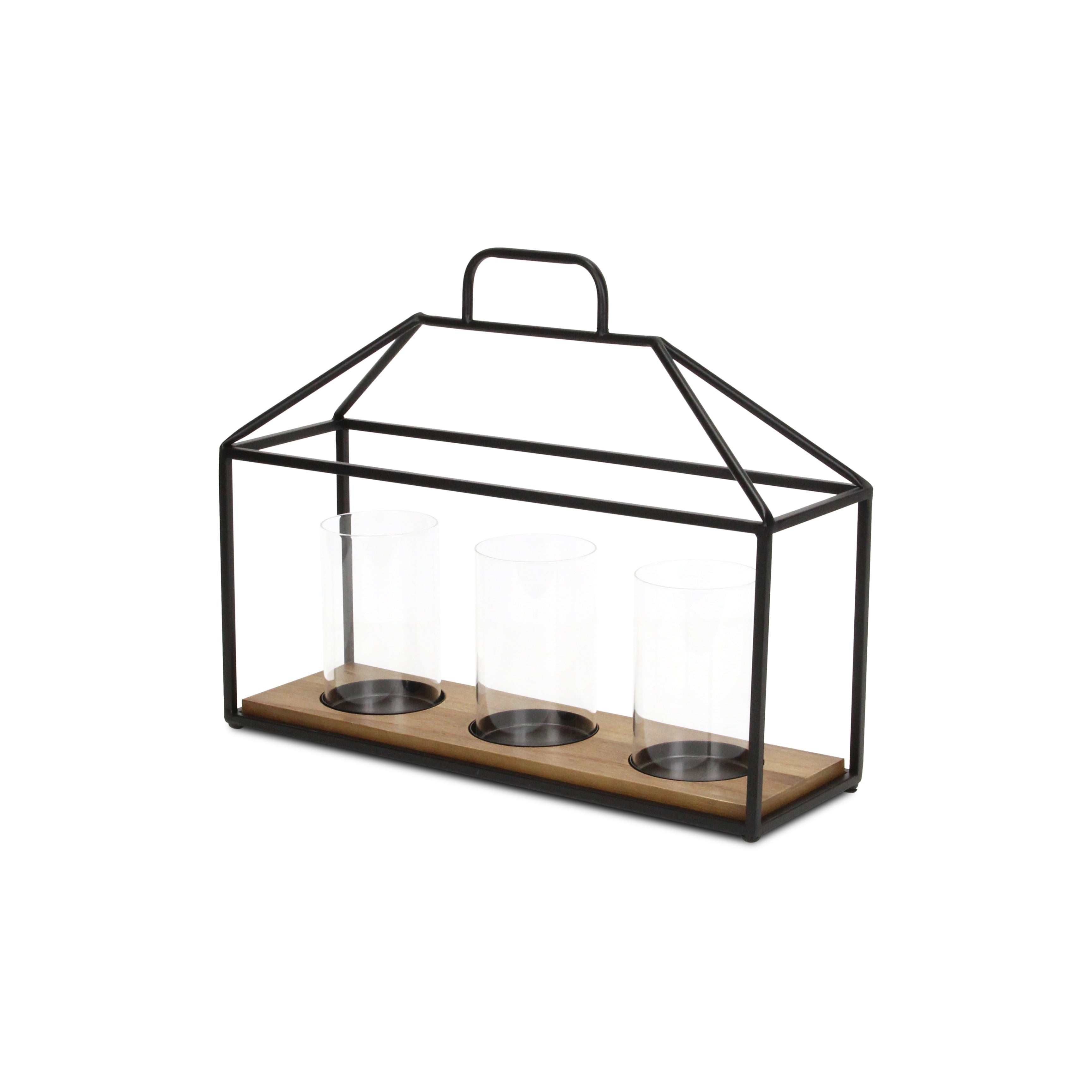 15" Black Metal Glass And Wood Geometric Three Light Hurricane Candle Holder-Candle Holders-DECOROLALA