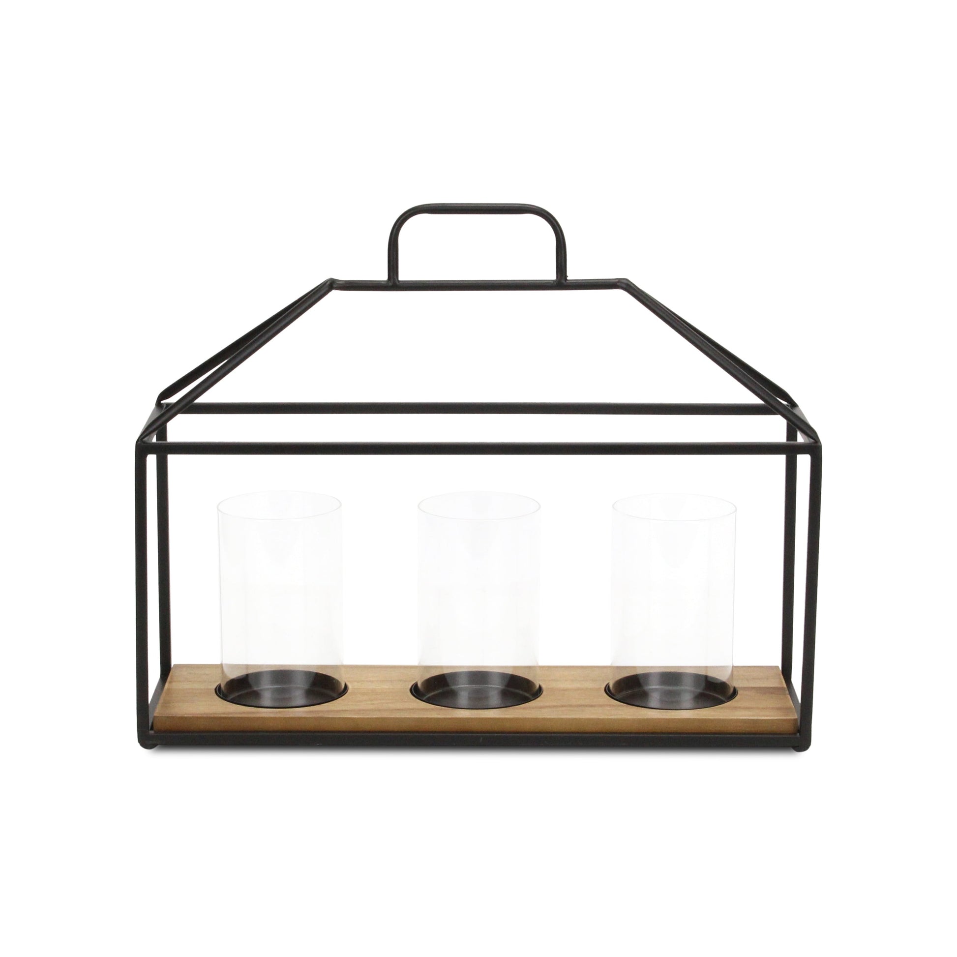 15" Black Metal Glass And Wood Geometric Three Light Hurricane Candle Holder-Candle Holders-DECOROLALA