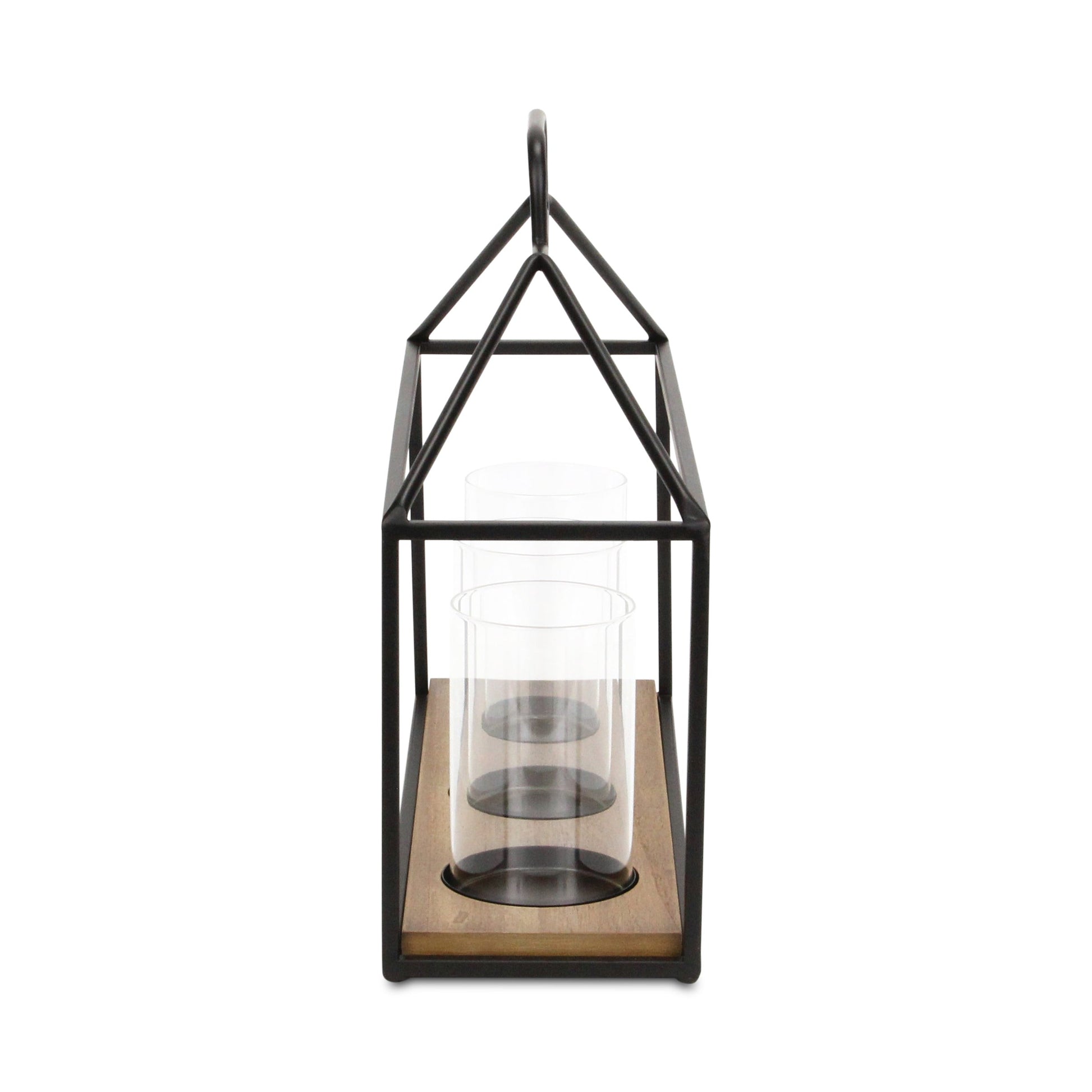 15" Black Metal Glass And Wood Geometric Three Light Hurricane Candle Holder-Candle Holders-DECOROLALA