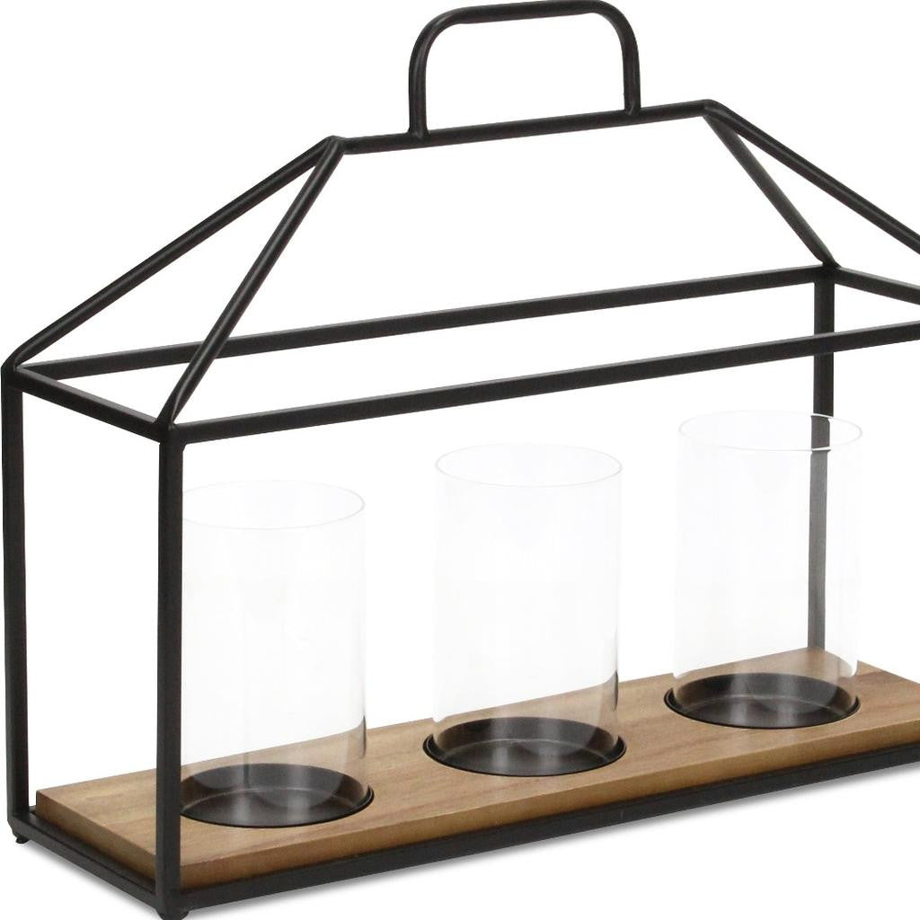 15" Black Metal Glass And Wood Geometric Three Light Hurricane Candle Holder-Candle Holders-DECOROLALA