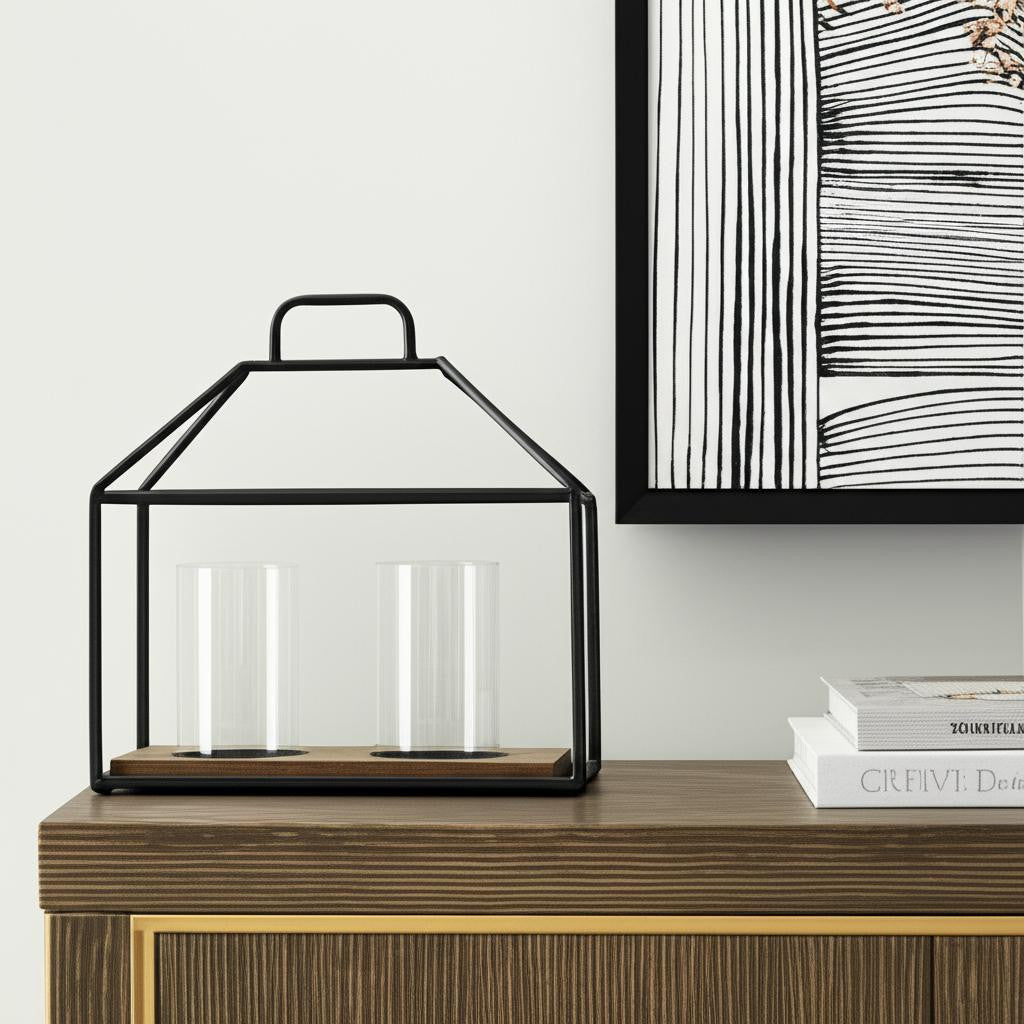15" Black Metal Glass And Wood Geometric Two Light Hurricane Candle Holder-Candle Holders-DECOROLALA
