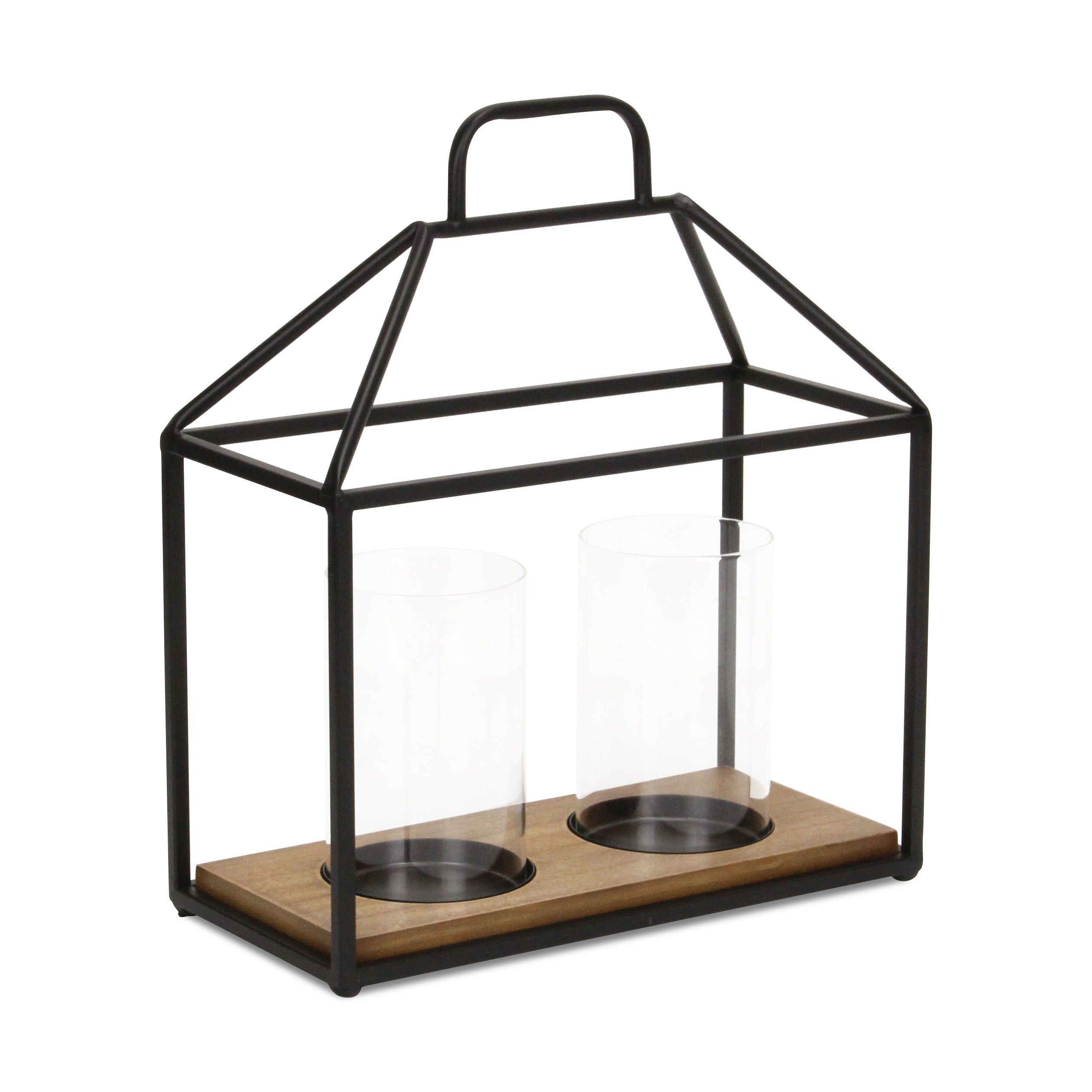 15" Black Metal Glass And Wood Geometric Two Light Hurricane Candle Holder-Candle Holders-DECOROLALA