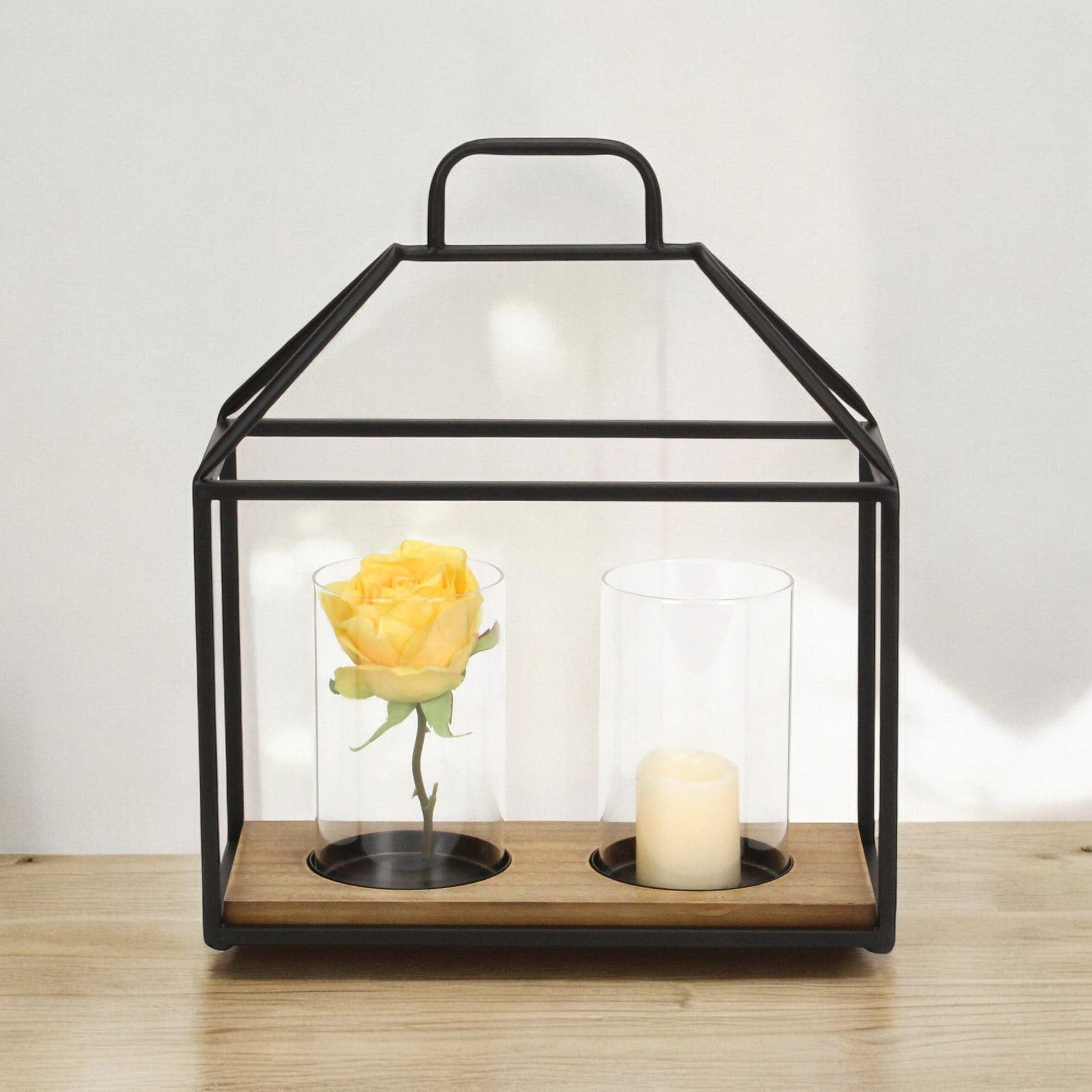 15" Black Metal Glass And Wood Geometric Two Light Hurricane Candle Holder-Candle Holders-DECOROLALA