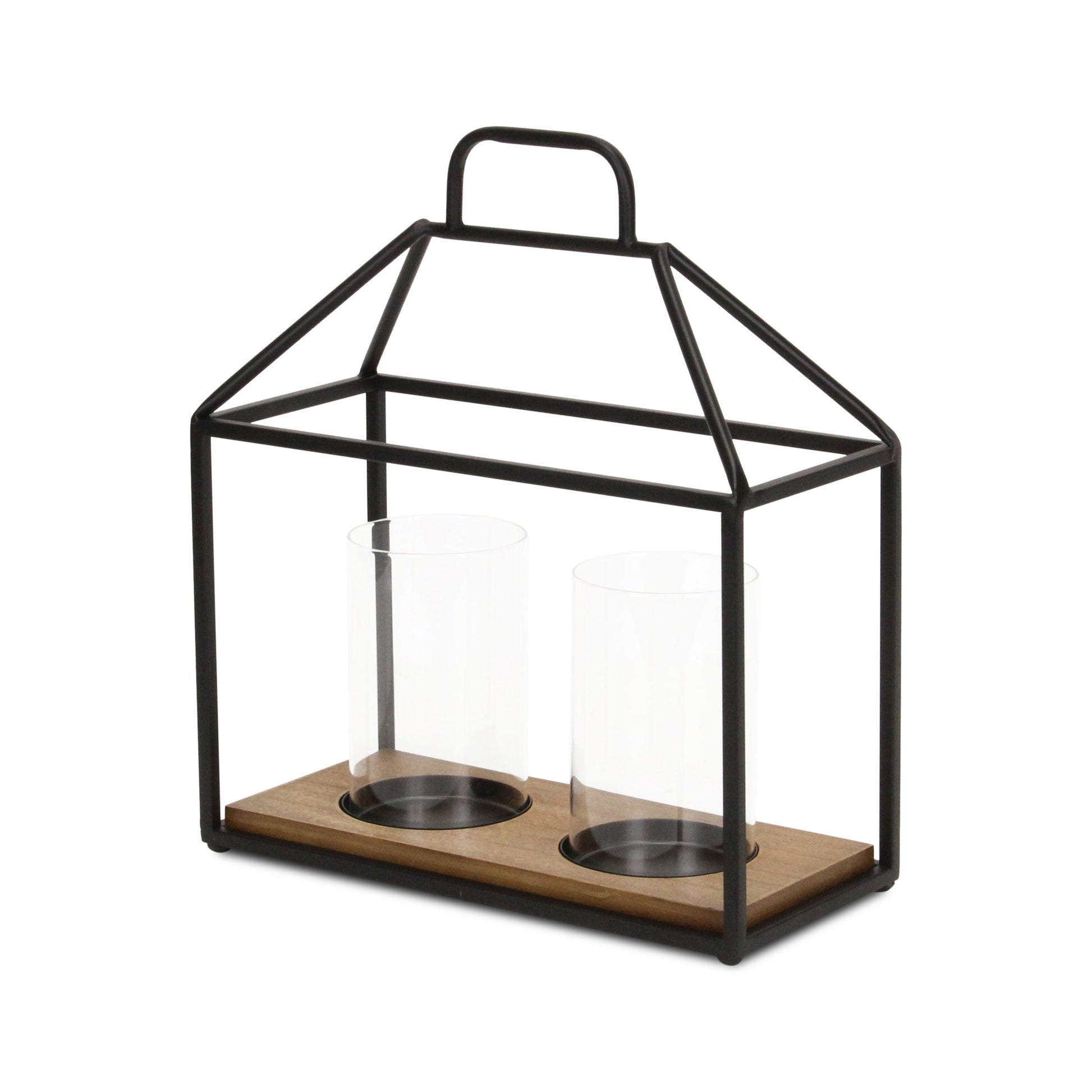 15" Black Metal Glass And Wood Geometric Two Light Hurricane Candle Holder-Candle Holders-DECOROLALA
