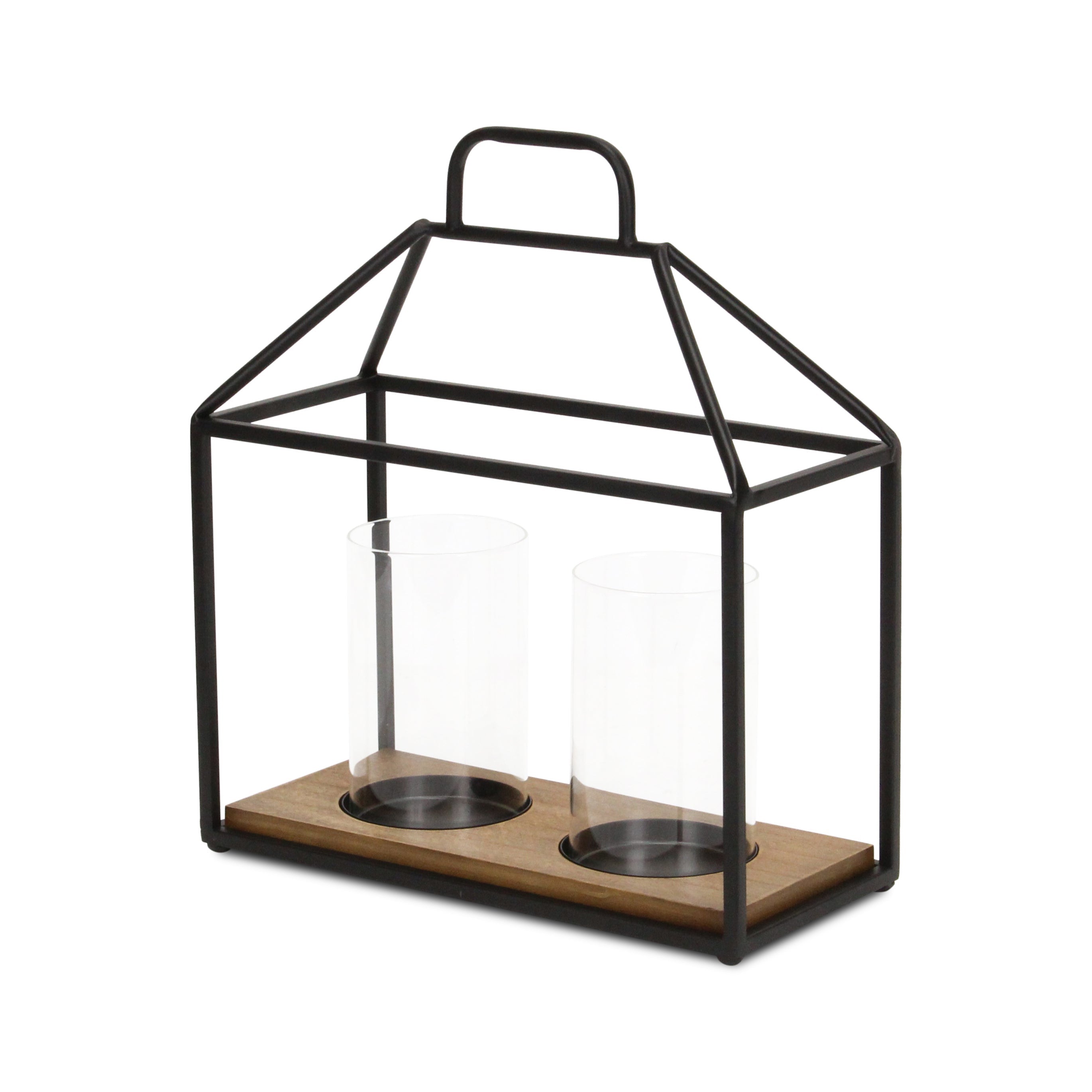 15" Black Metal Glass And Wood Geometric Two Light Hurricane Candle Holder-Candle Holders-DECOROLALA