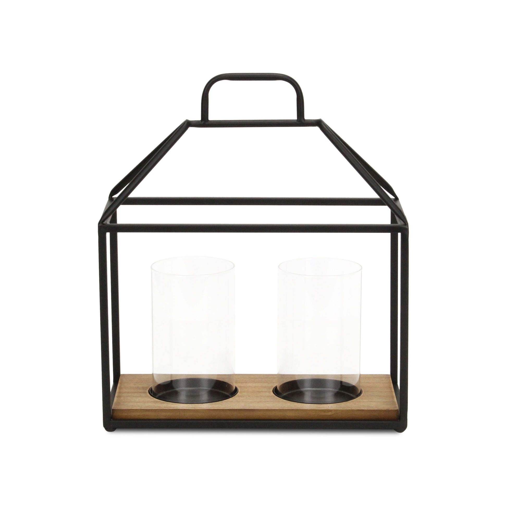15" Black Metal Glass And Wood Geometric Two Light Hurricane Candle Holder-Candle Holders-DECOROLALA