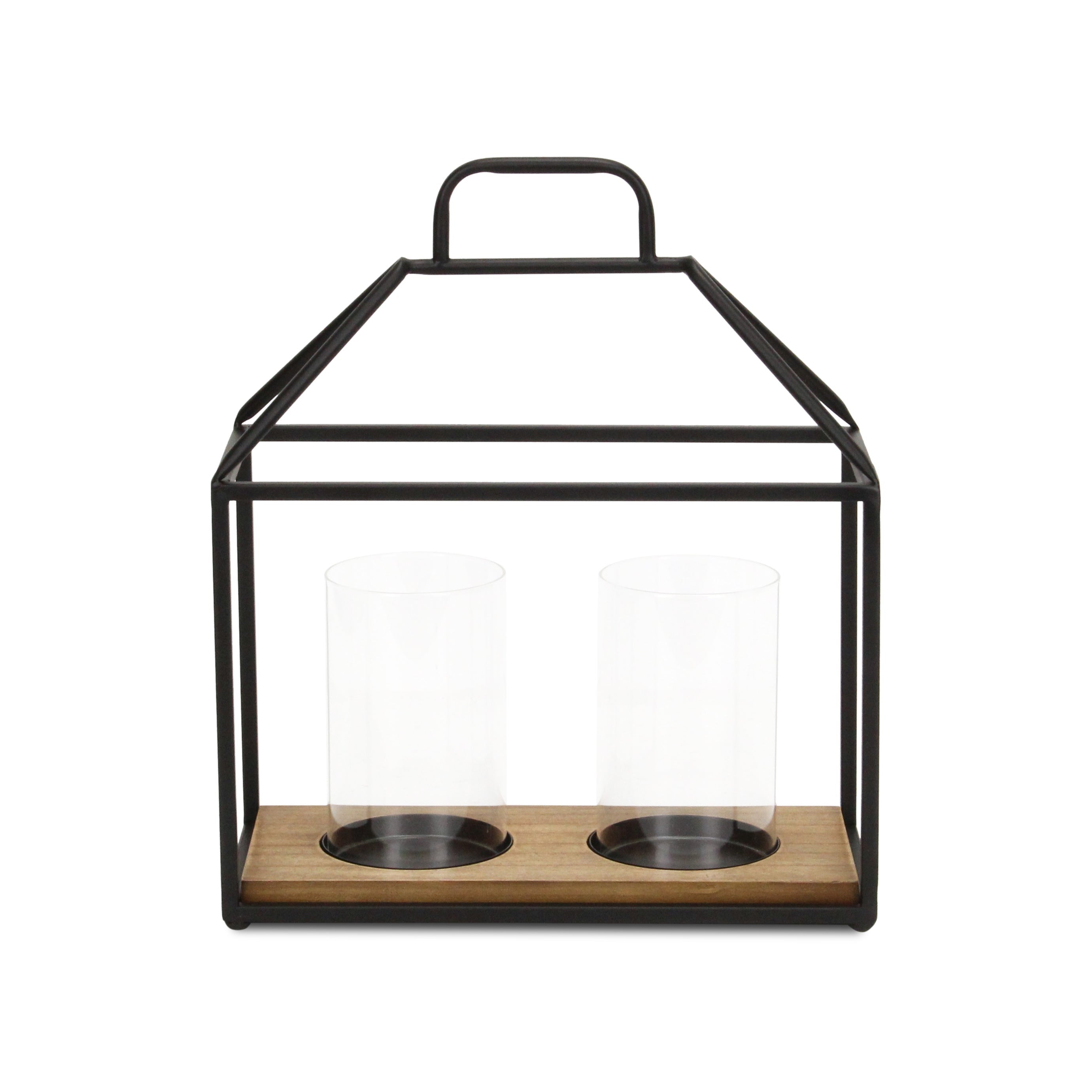 15" Black Metal Glass And Wood Geometric Two Light Hurricane Candle Holder-Candle Holders-DECOROLALA