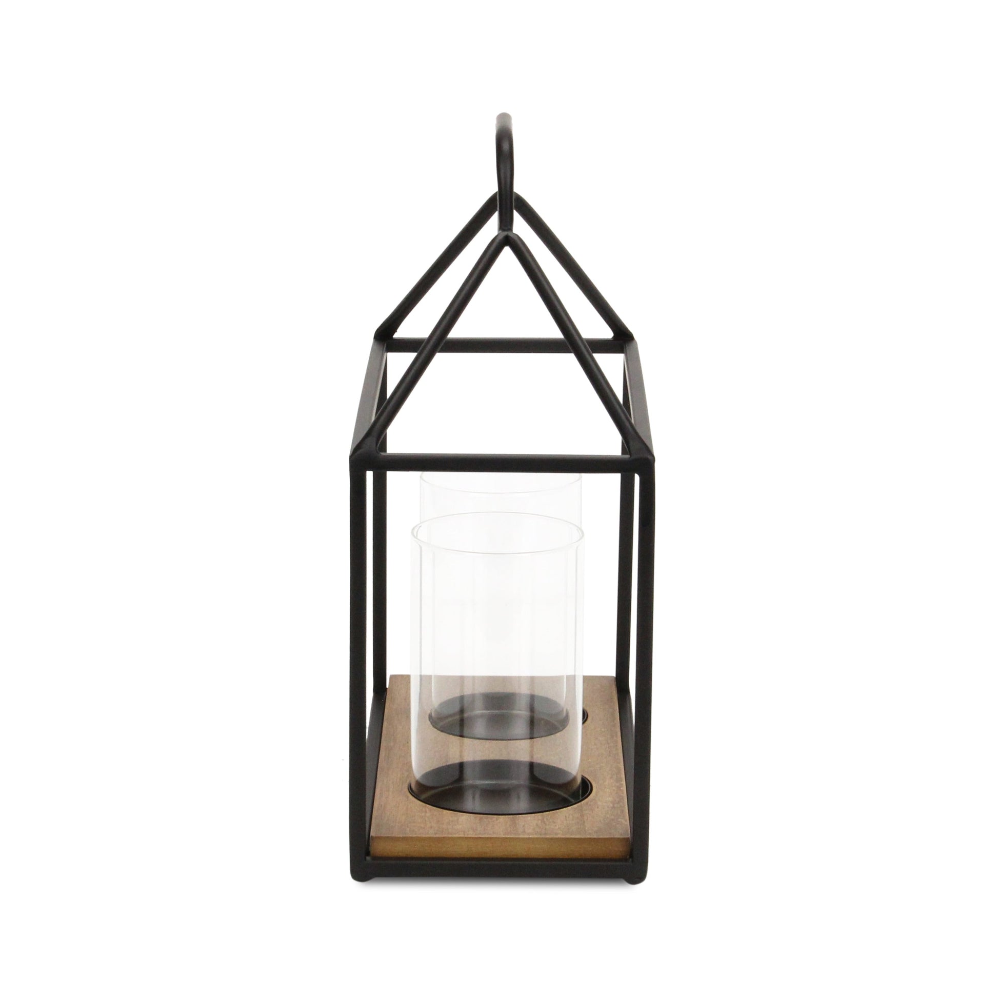 15" Black Metal Glass And Wood Geometric Two Light Hurricane Candle Holder-Candle Holders-DECOROLALA
