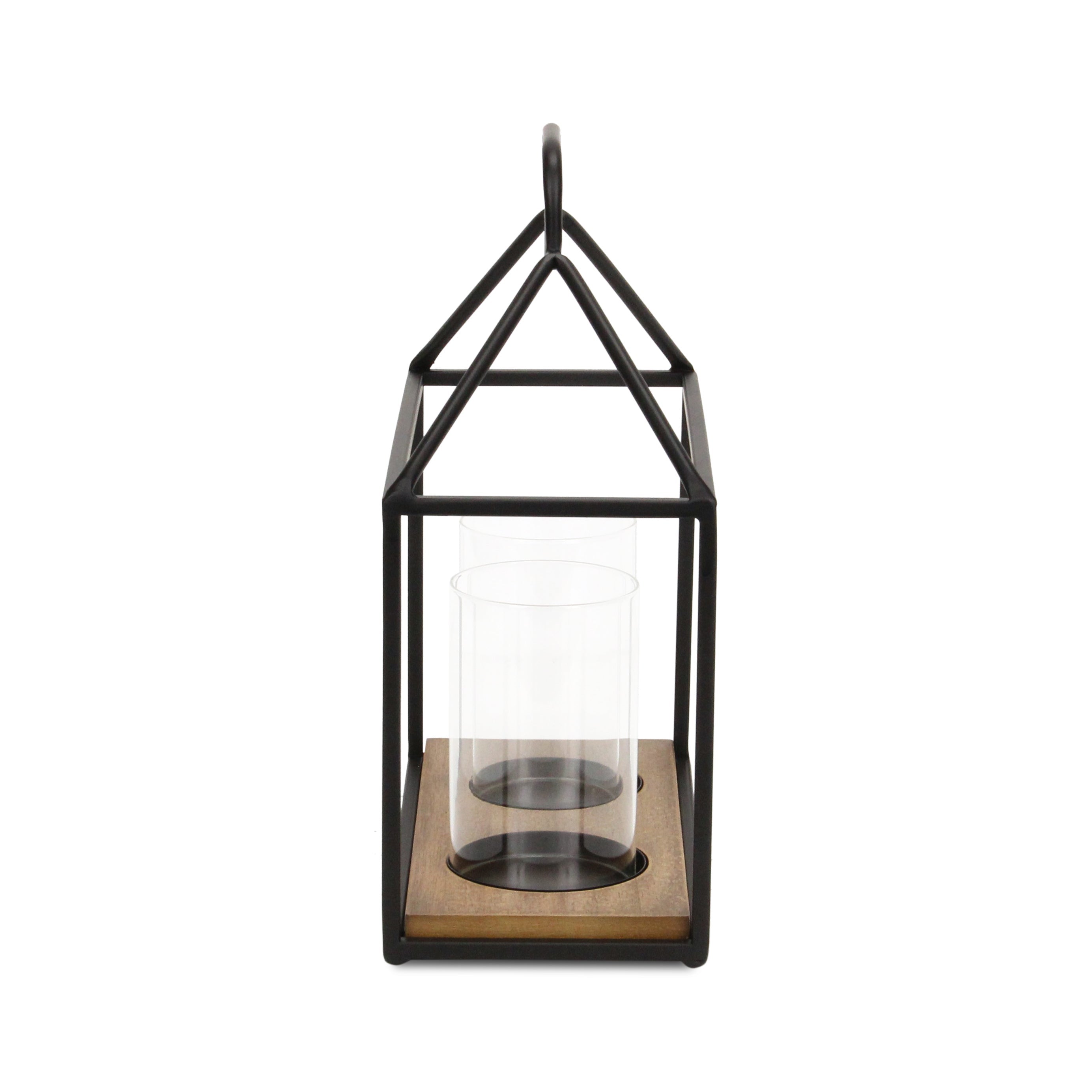15" Black Metal Glass And Wood Geometric Two Light Hurricane Candle Holder-Candle Holders-DECOROLALA
