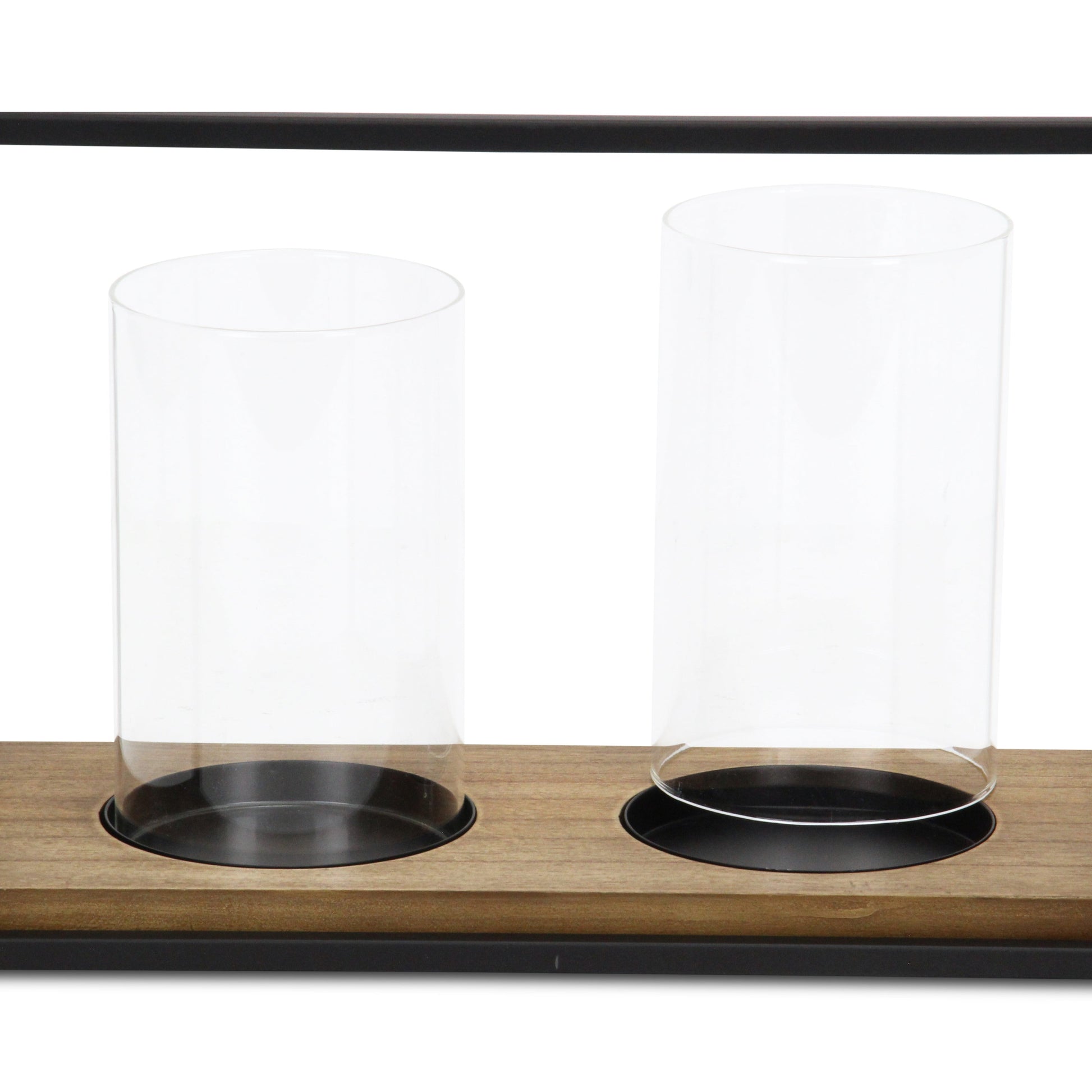 15" Black Metal Glass And Wood Geometric Two Light Hurricane Candle Holder-Candle Holders-DECOROLALA