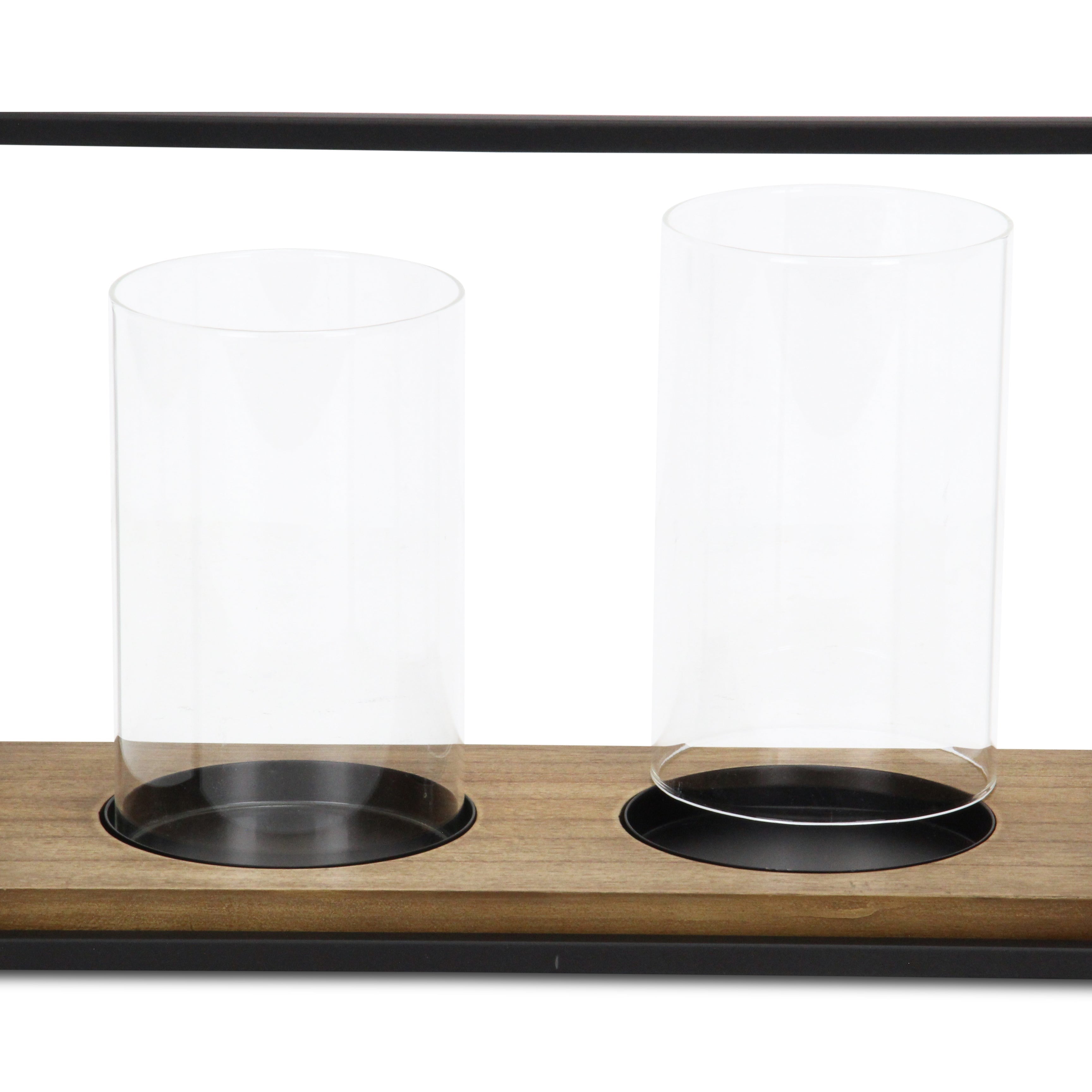 15" Black Metal Glass And Wood Geometric Two Light Hurricane Candle Holder-Candle Holders-DECOROLALA