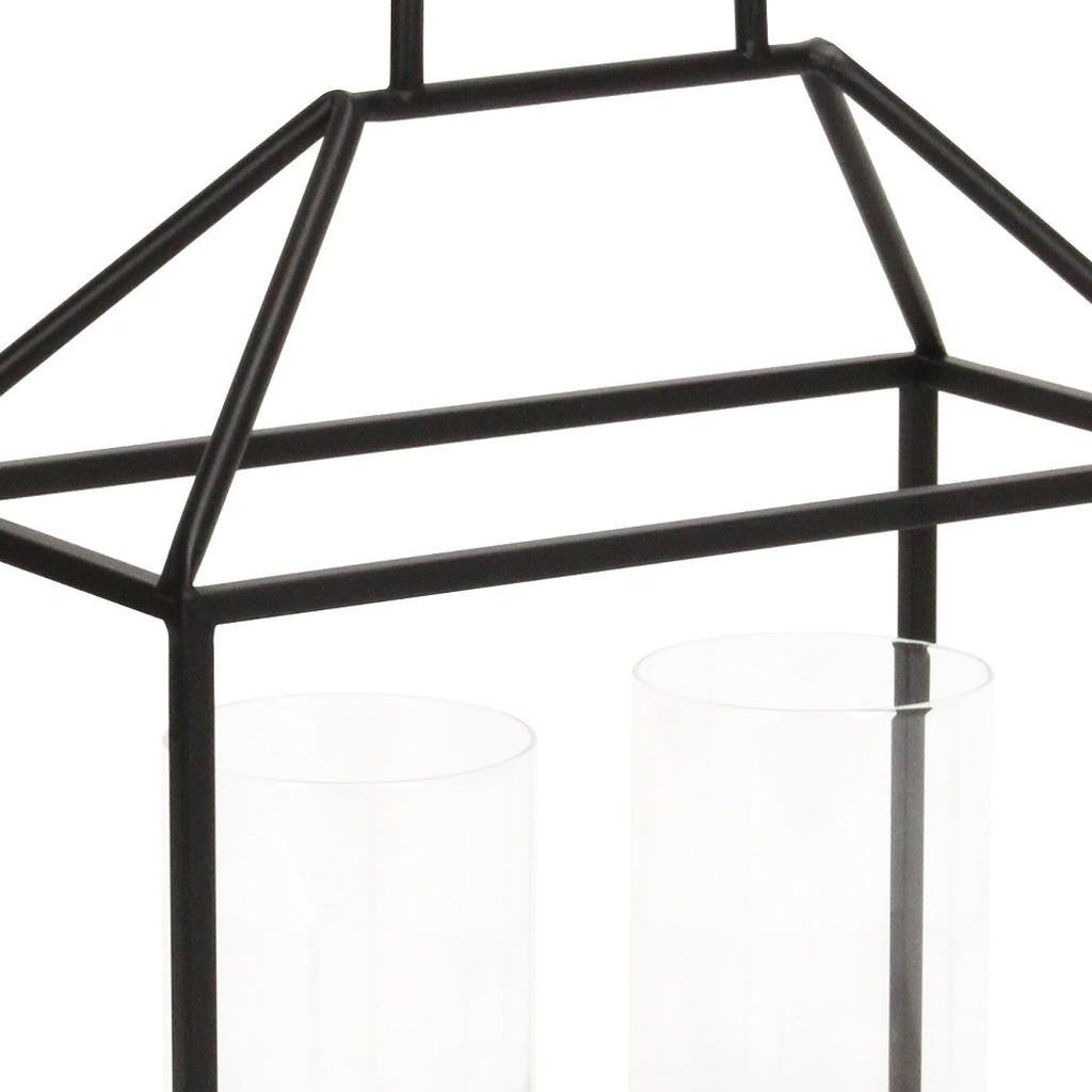 15" Black Metal Glass And Wood Geometric Two Light Hurricane Candle Holder-Candle Holders-DECOROLALA