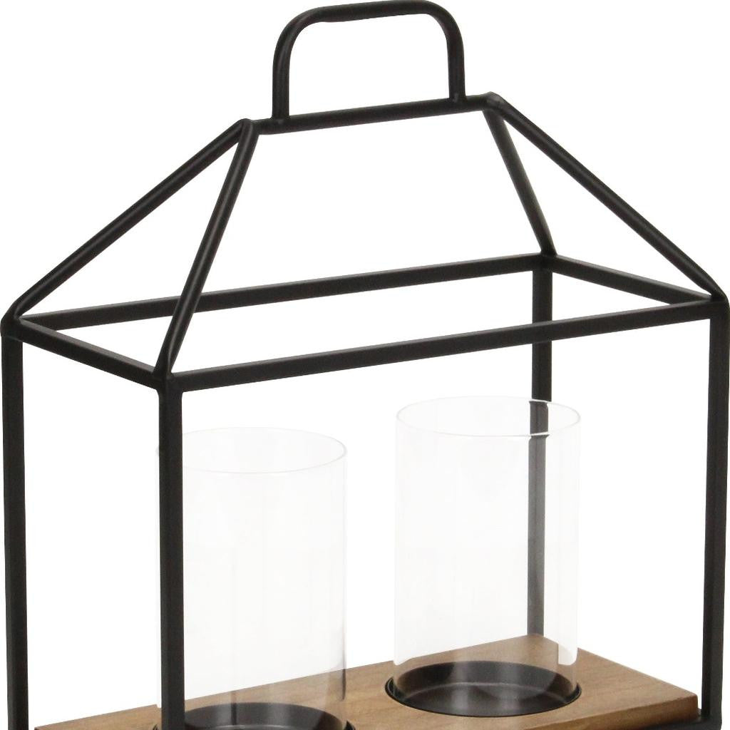 15" Black Metal Glass And Wood Geometric Two Light Hurricane Candle Holder-Candle Holders-DECOROLALA