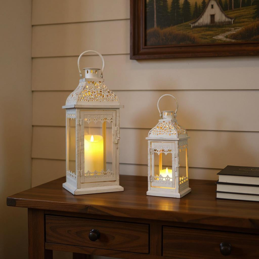 Set of Two Cream Distressed Filigree Metal Tabletop Lantern Candle Holders-0
