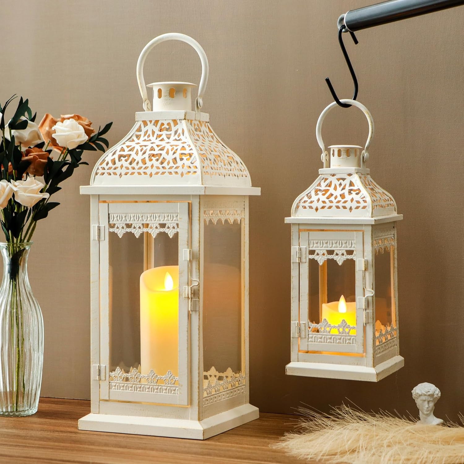 Set of Two Cream Distressed Filigree Metal Tabletop Lantern Candle Holders-5